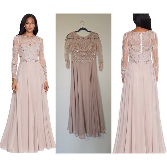 Xscape Dresses & Skirts - Xscape Beaded Long Sleeve Chiffon Maxi Dress Pink Size 4P